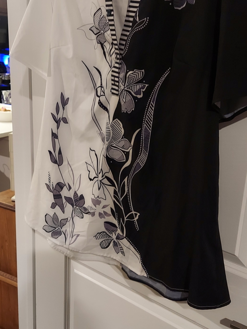 Women's Black and White Floral Split-Panel Top